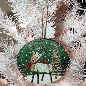 Hand Crafted Decoupage Wooden Christmas Ornament/Log Deer with Cardinal Decor